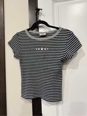 Black & Gray Striped Tee with Star Detail